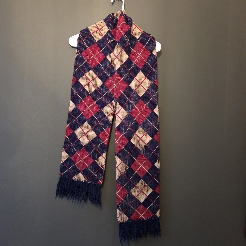 Winter Argyle Scarf Red Tan Navy Fringe‎ One Size Unbranded Unisex Warm Soft